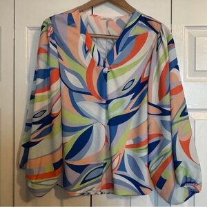 Carole Christian brightly colored V-neck blouse. Blousey sleeve Loose fit size S